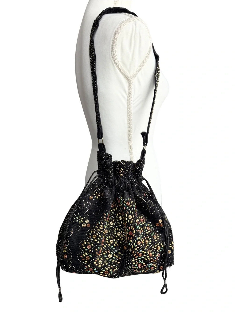 VTG Beaded Peacock Corduroy Drawstring Bucket Shoulder Bag Boho Folk Art Black
